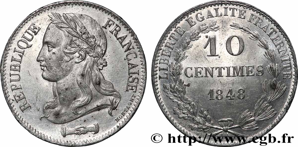 Concours de 10 centimes, essai en étain par Montagny, deuxième revers, effigie au col nu 1848 Paris VG.3147 var. MS 