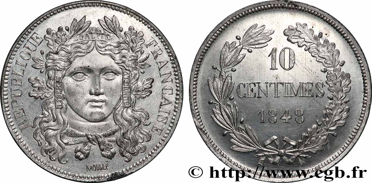 Concours de 10 centimes, essai en étain par Moullé, deuxième revers 1848 Paris VG.3148 var. MS 