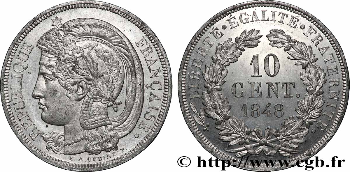 Concours de 10 centimes, essai en étain par Oudiné 1848 Paris VG.3149 var. de métal SPL+ 