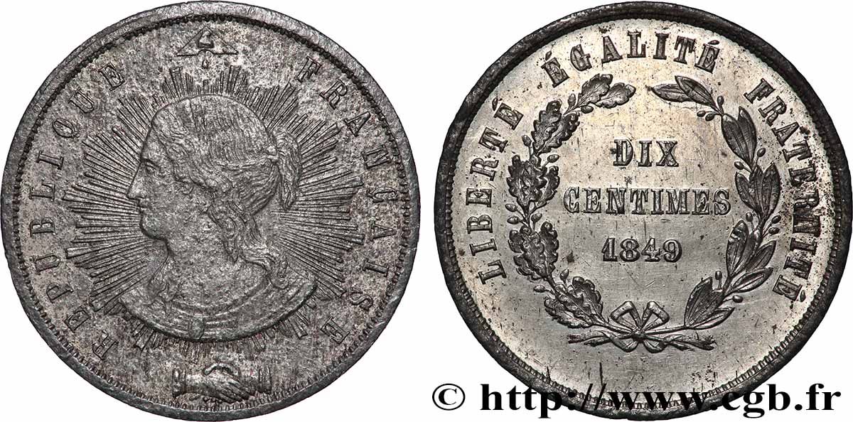 Concours de 10 centimes, essai en étain par Pillard 1849 Paris VG.3185 var. SS NGC