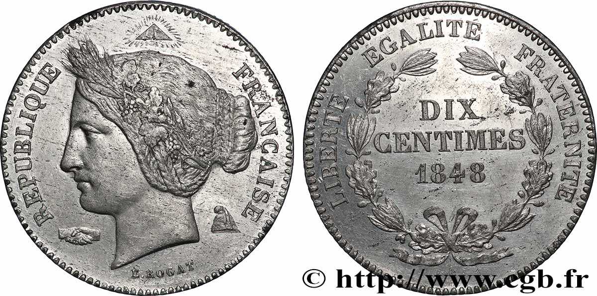 Concours de 10 centimes, essai en étain par Rogat, premier concours, deuxième revers 1848 Paris VG.3152 var. MS 