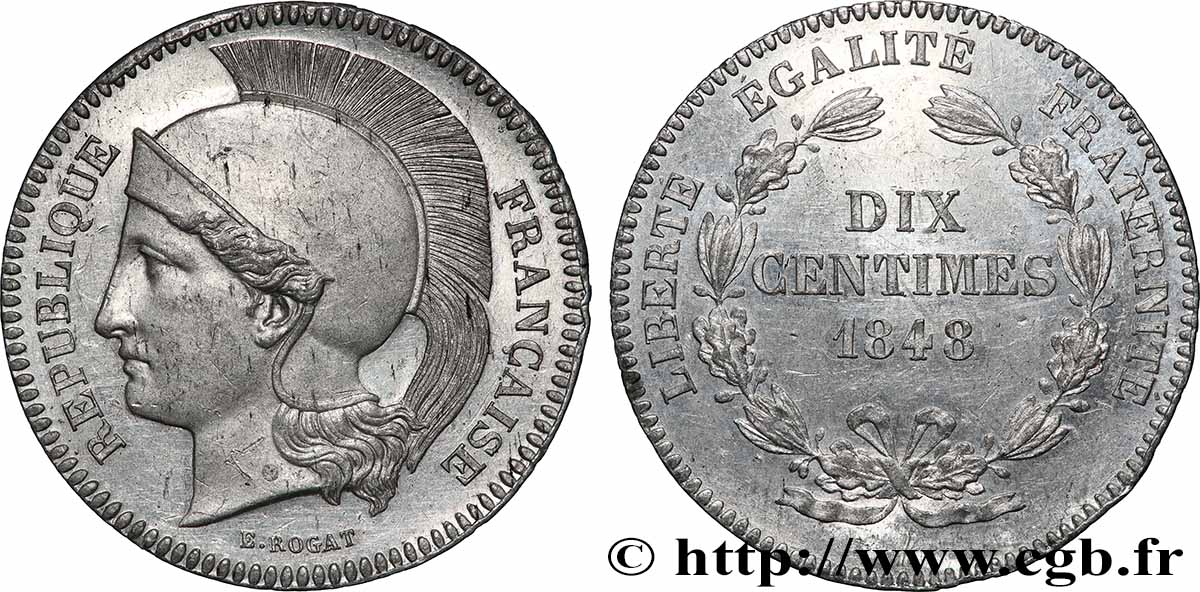 Concours de 10 centimes, essai en étain par Rogat, deuxième concours, deuxième revers 1848 Paris VG.3170 var SPL+ 
