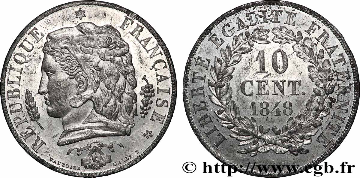 Concours de 10 centimes, essai en étain par Vauthier-Galle 1848 Paris VG.3155 var. AU 