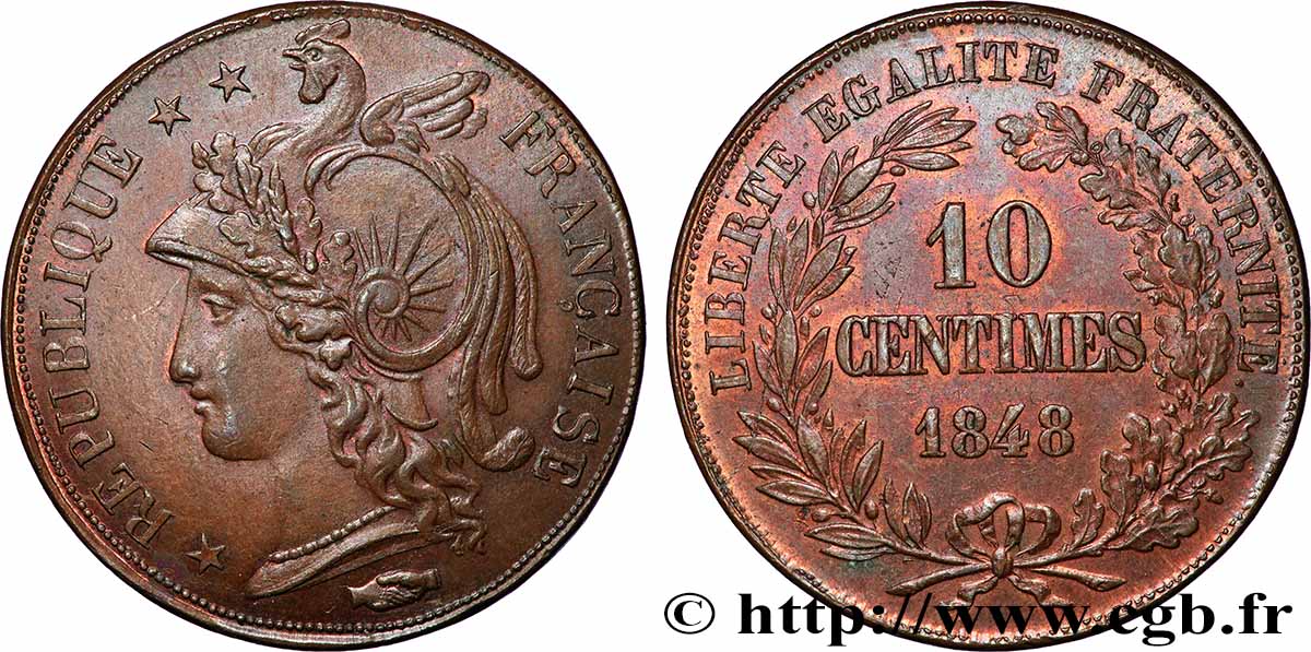 Concours de 10 centimes, essai en cuivre par Alard, premier revers, frappe monnaie 1848 Paris VG.3130 var. MS 