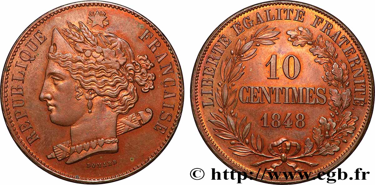 Concours de 10 centimes, essai en cuivre par Domard, second avers, premier revers 1848 Paris VG.3138  MS 