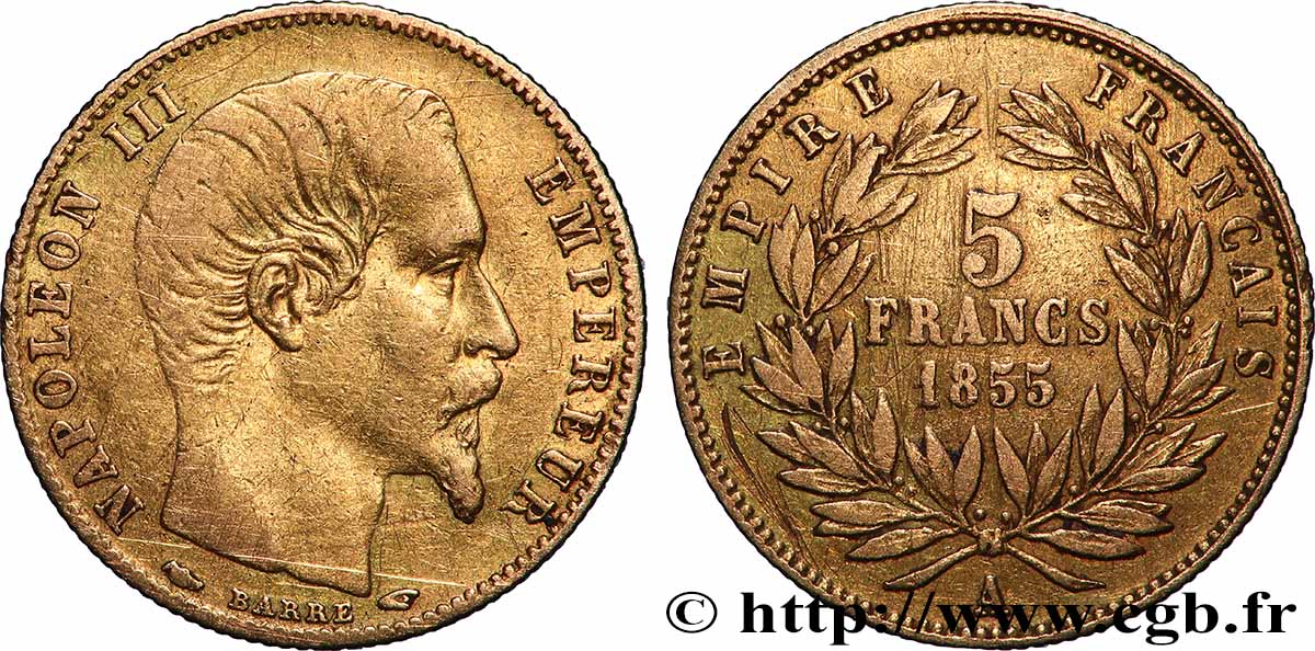 5 francs or Napoléon III, tête nue, petit module, tranche cannelée 1855 Paris F.500A/2 TB 