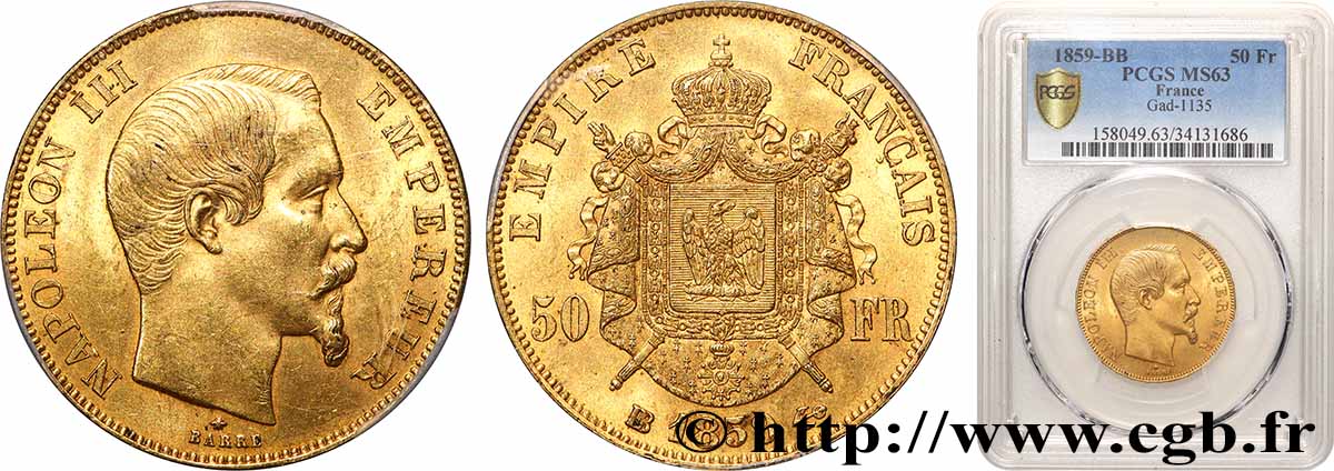50 francs or Napoléon III, tête nue 1859 Strasbourg F.547/8 SPL63 PCGS