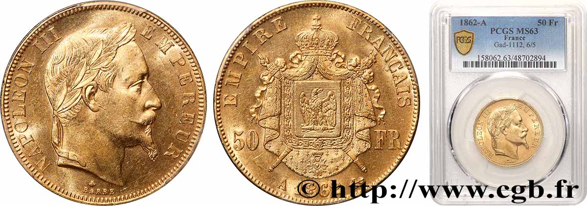 50 francs or Napoléon III, tête laurée 1862 Paris F.548/1 SPL63 PCGS