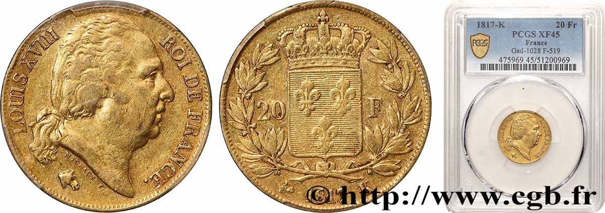 20 francs or Louis XVIII, tête nue 1817 Bordeaux F.519/6 TTB45 PCGS