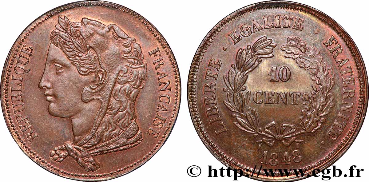 Concours de 10 centimes, essai en cuivre par Gayrard, deuxième concours, premier avers, deuxième revers 1848 Paris VG.3142   MS 