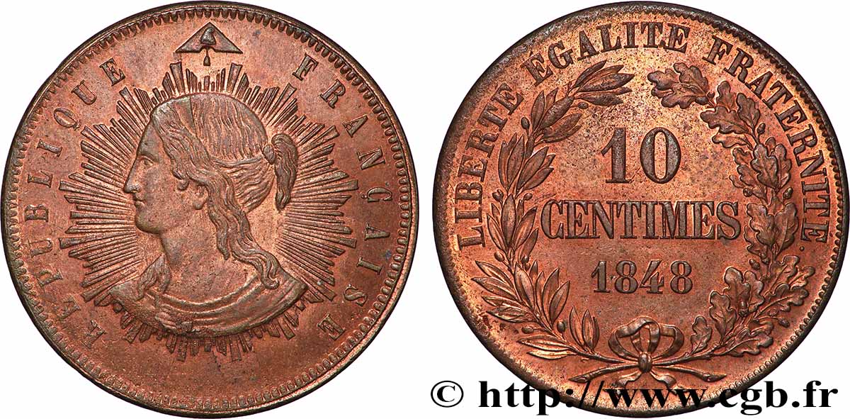 Concours de 10 centimes, essai en cuivre par Pillard, premier revers 1848 Paris Maz.1351 avers VZ62 