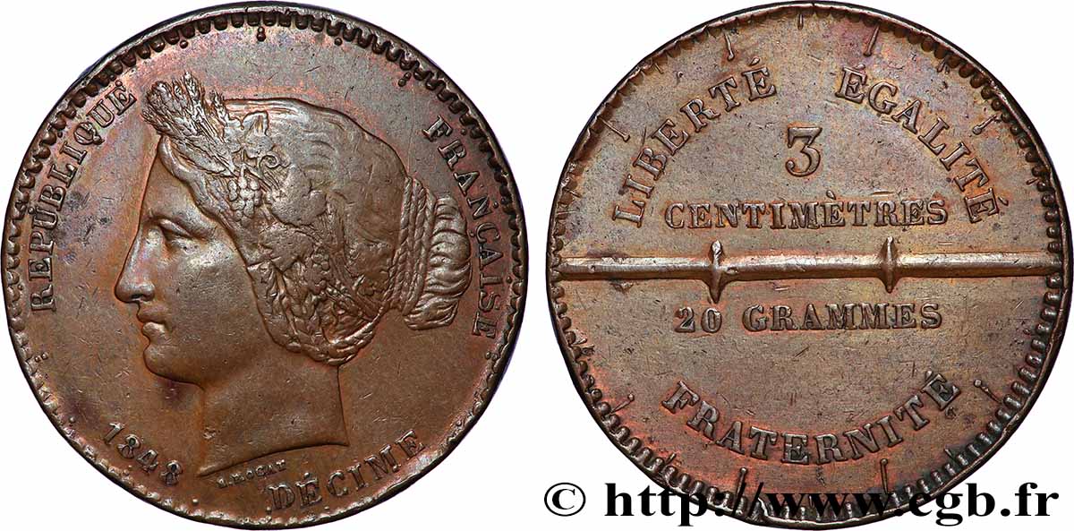 Concours du décime, essai en cuivre Rogat, premier concours 1848 Paris VG.3204  SUP 
