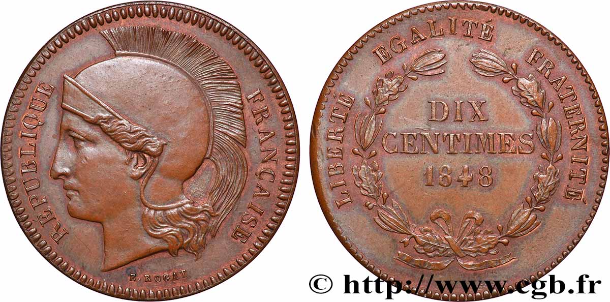 Concours de DIX centimes en cuivre, essai de Rogat, deuxième concours 1848 Paris VG.3170 var. VZ 
