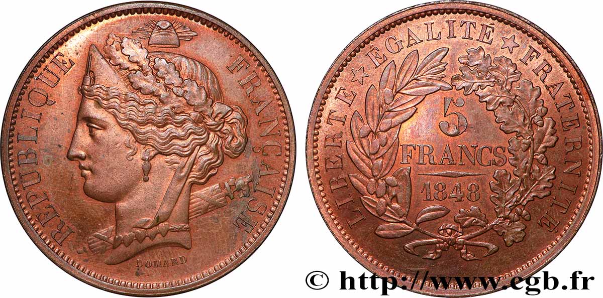 Concours de 5 francs, essai en cuivre par Domard, premier revers 1848 Paris VG.3071 var. MS62 