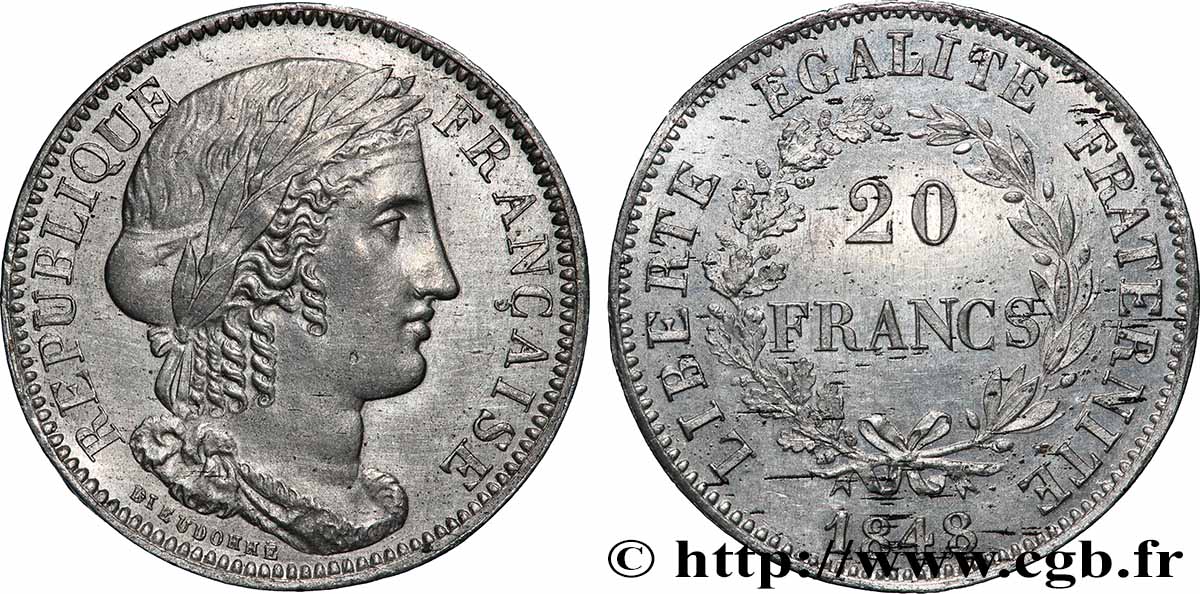 Concours de 20 francs, essai de Dieudonné 1848 Paris VG.3023 var TTB+ 