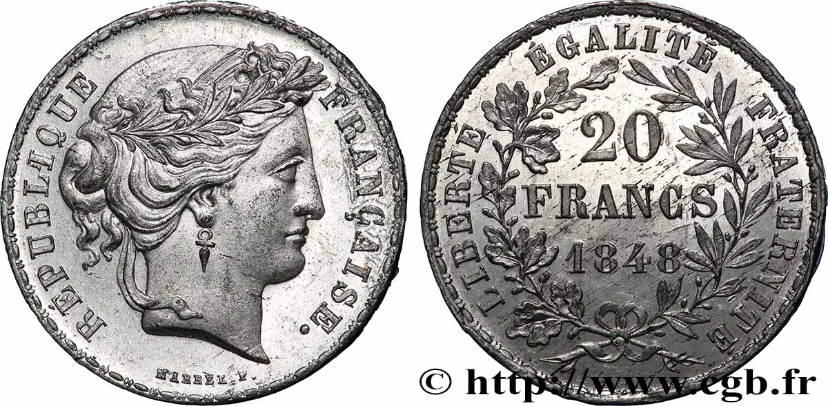 Concours de 20 francs, essai de Marrel 1848 Paris VG.3030 var MS 