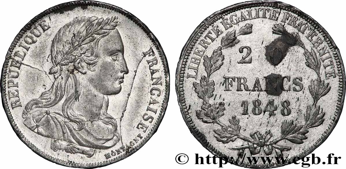 Concours de 20 francs, essai de Montagny, buste habillé 1848 Paris VG.3033 var VZ+ 