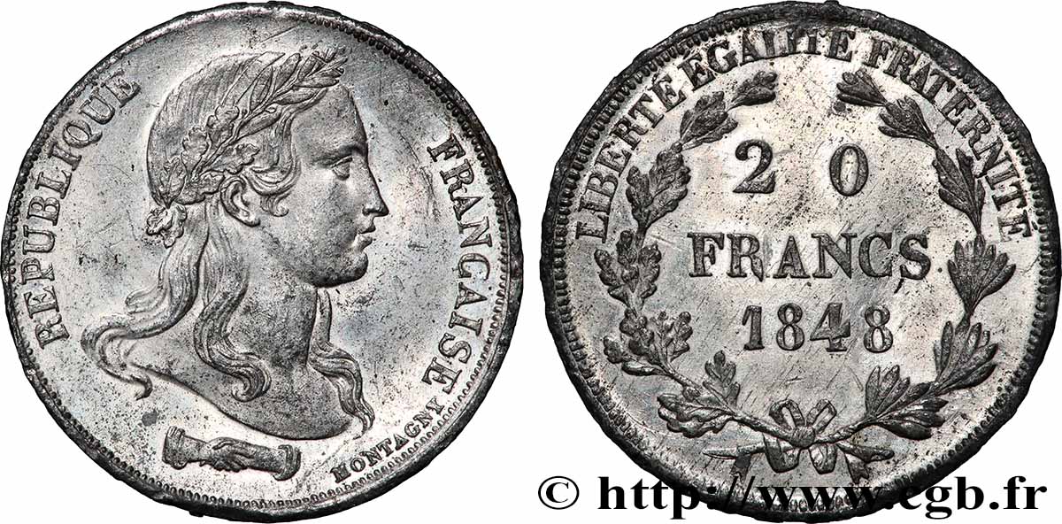 Concours de 20 francs, essai de Montagny, buste nu 1848 Paris VG.3034 var MS 