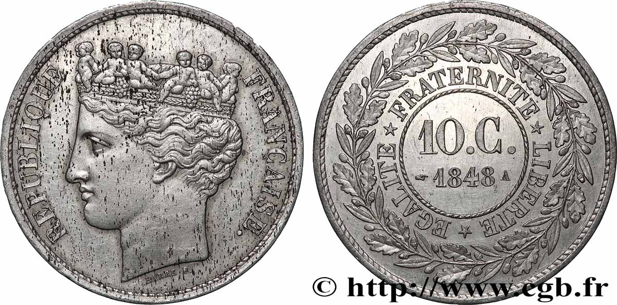 Concours de 10 centimes, essai en étain par Barre, premier avers 1848 Paris VG.3131  VZ 
