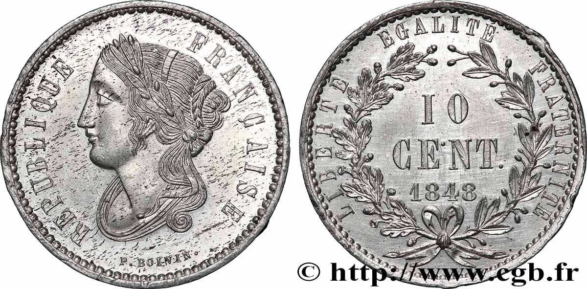 Concours de 10 centimes, essai en étain par Boivin, deuxième revers 1848 Paris VG.3133 var. AU 