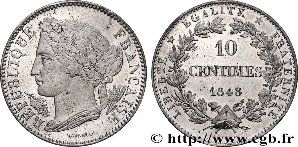 Concours de 10 centimes, essai en étain par Borrel 1848 Paris VG.3134 var MS 