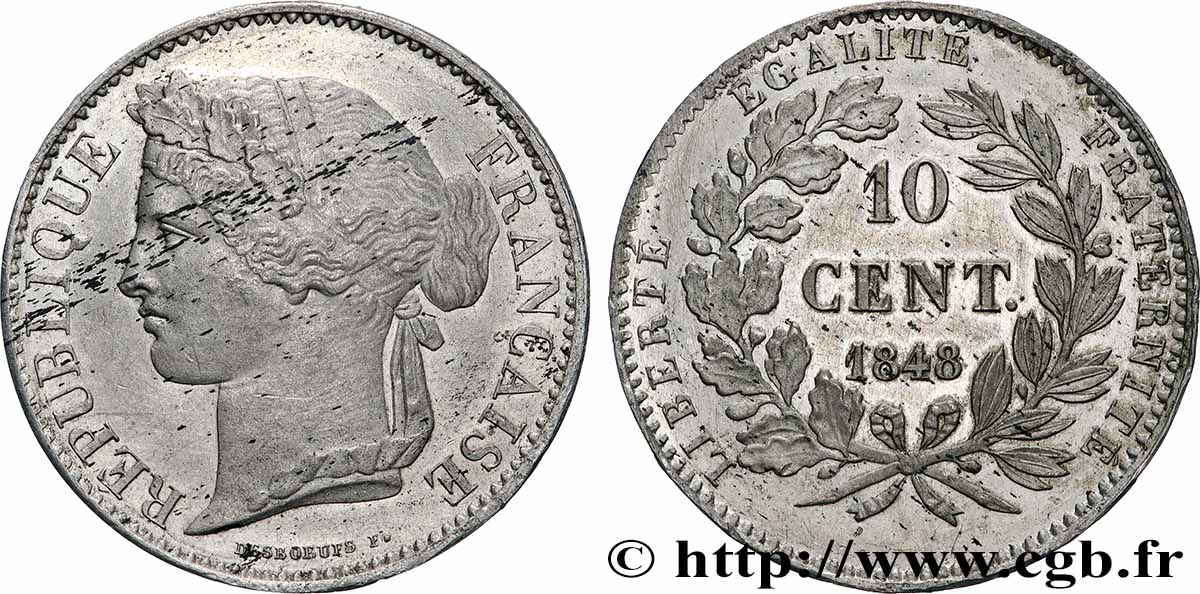 Concours de 10 centimes, essai en étain par Desboeufs 1848 Paris VG.3136 var. VZ 