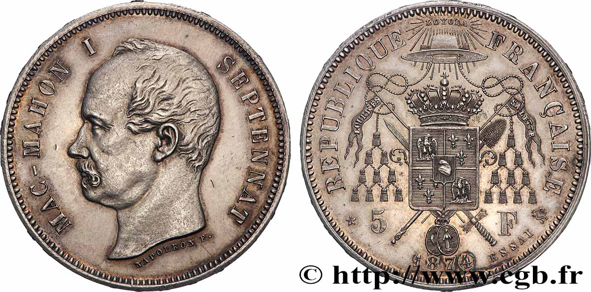 Module de 5 francs Mac-Mahon, pièce satirique en argent - Essai 1874 Bruxelles GEM.130 10 SUP+ 