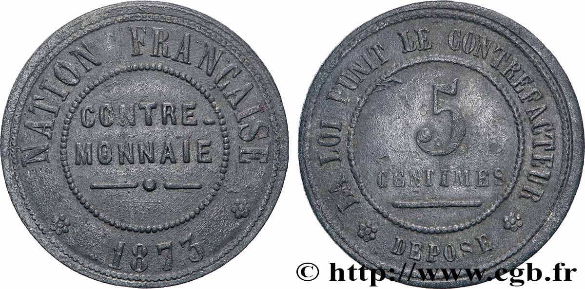 Contre-monnaie de 5 Centimes 1873  GEM.249 1 TTB+ 
