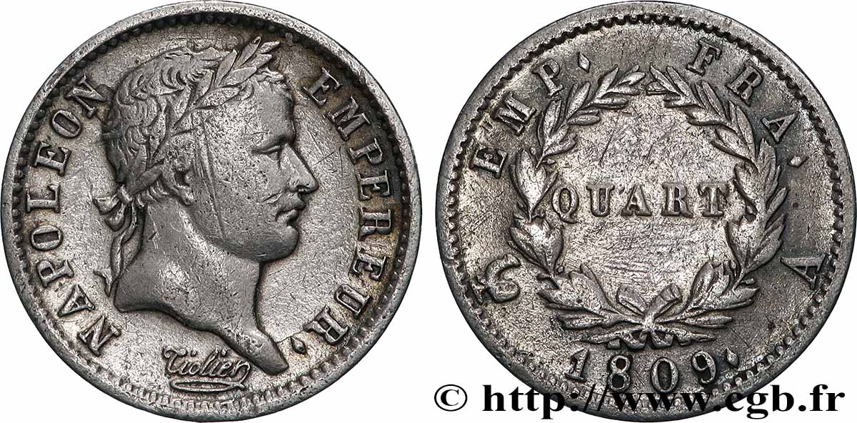 Quart (de franc) Napoléon Ier tête laurée, Empire français 1809 Paris F.162/1 TB 