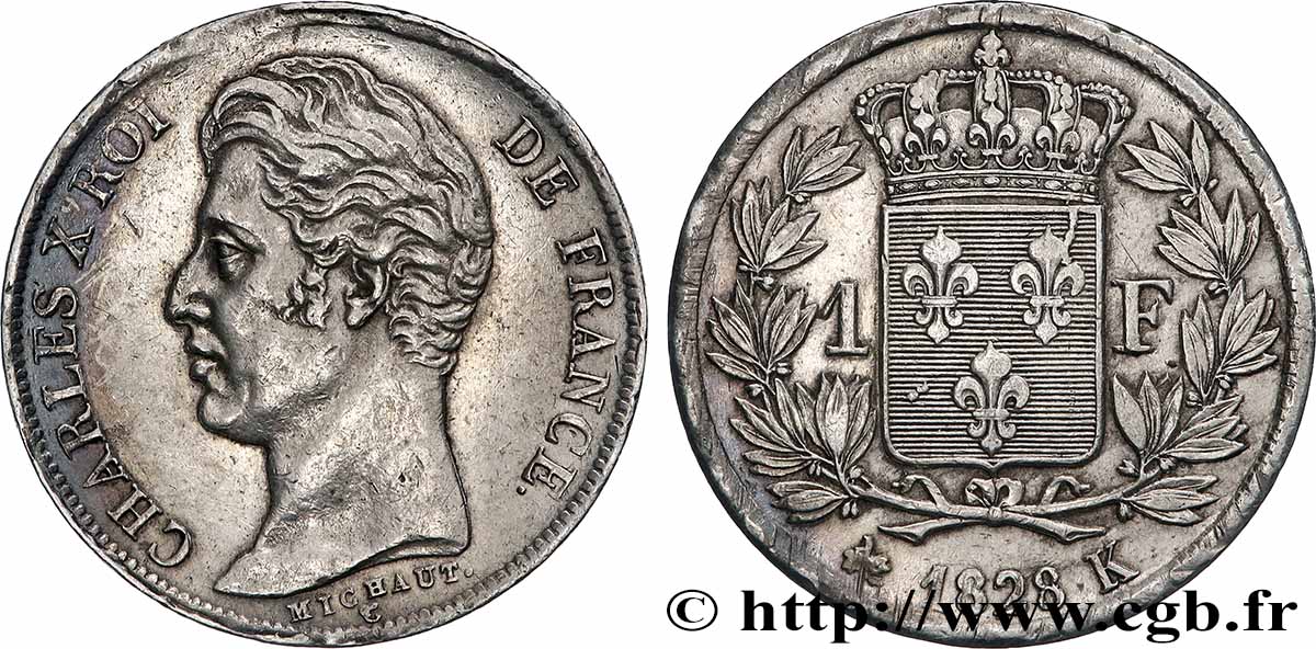 1 franc Charles X, matrice du revers à quatre feuilles 1828 Bordeaux F.207A/7 SUP 