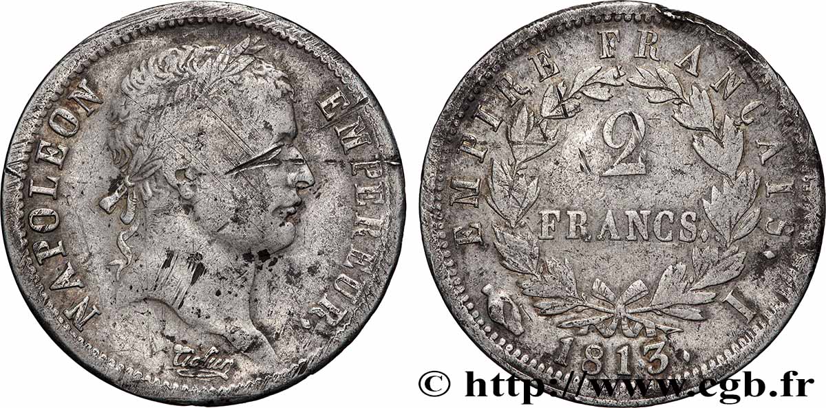2 francs Napoléon Ier tête laurée, Empire français 1813 Limoges F.255/57 B+ 