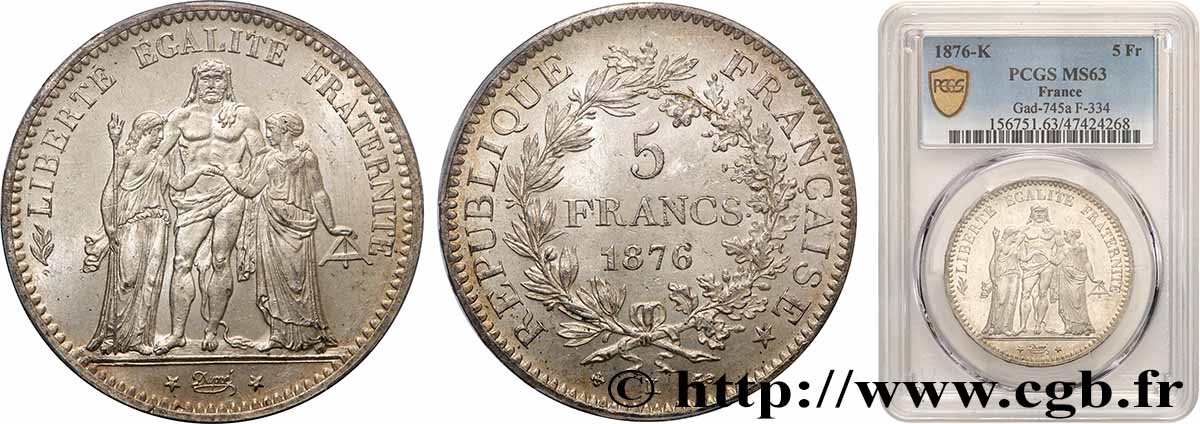 5 francs Hercule 1876 Bordeaux F.334/18 SPL63 PCGS