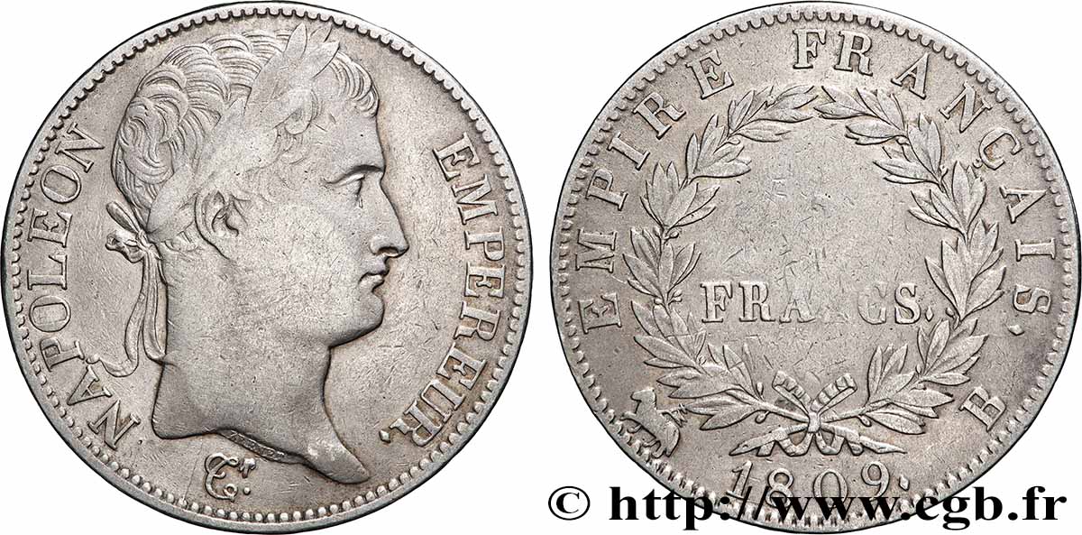 5 francs Napoléon Empereur, Empire français 1809 Rouen F.307/2 TB+ 