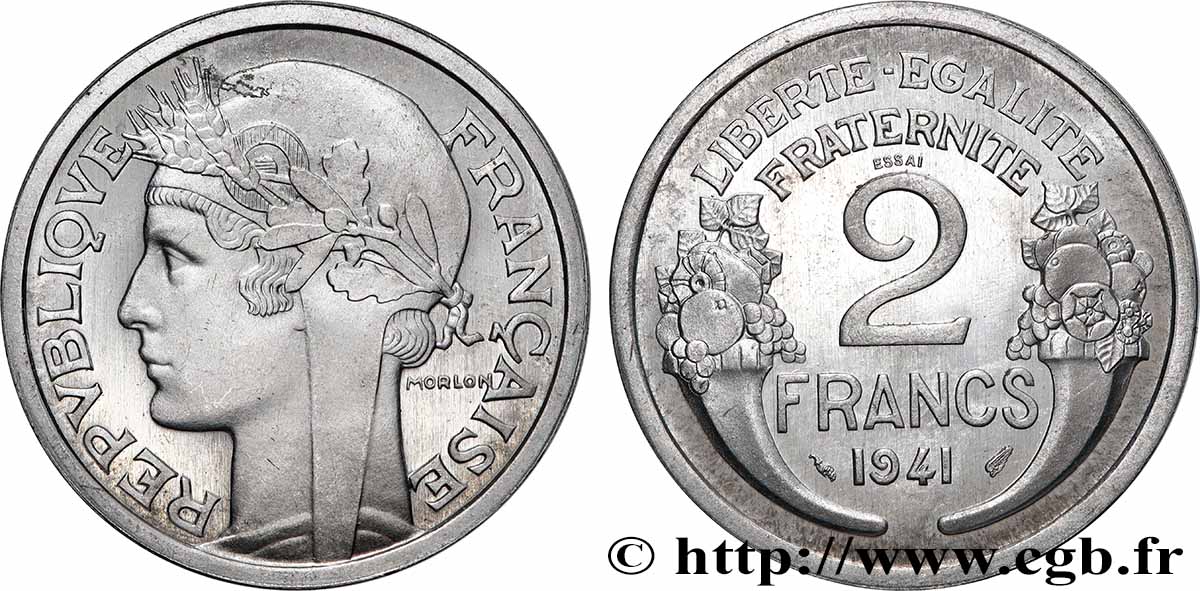 Essai en aluminium de 2 francs Morlon 1941 Paris F.269/1 MS64 