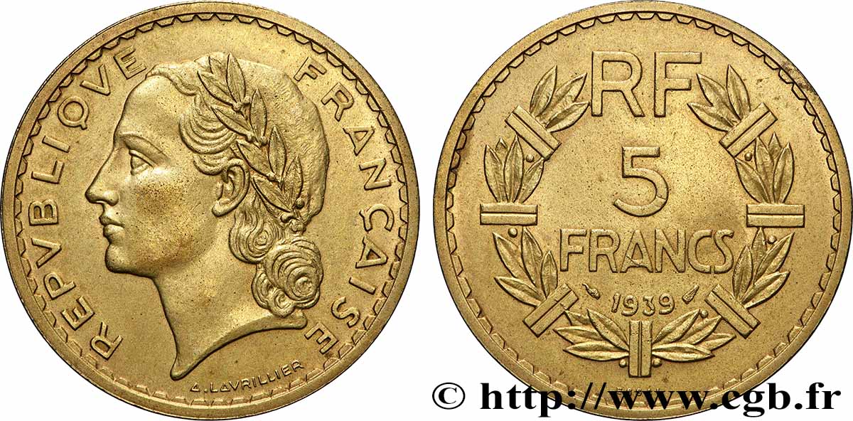 Essai de 5 francs Lavrillier, bronze-aluminium 1939 Paris F.337/2 SPL64 