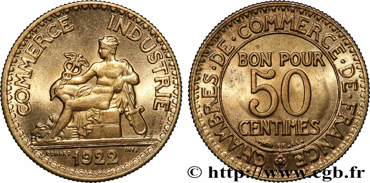 50 centimes Chambres de Commerce 1922 Paris F.191/4 FDC65 
