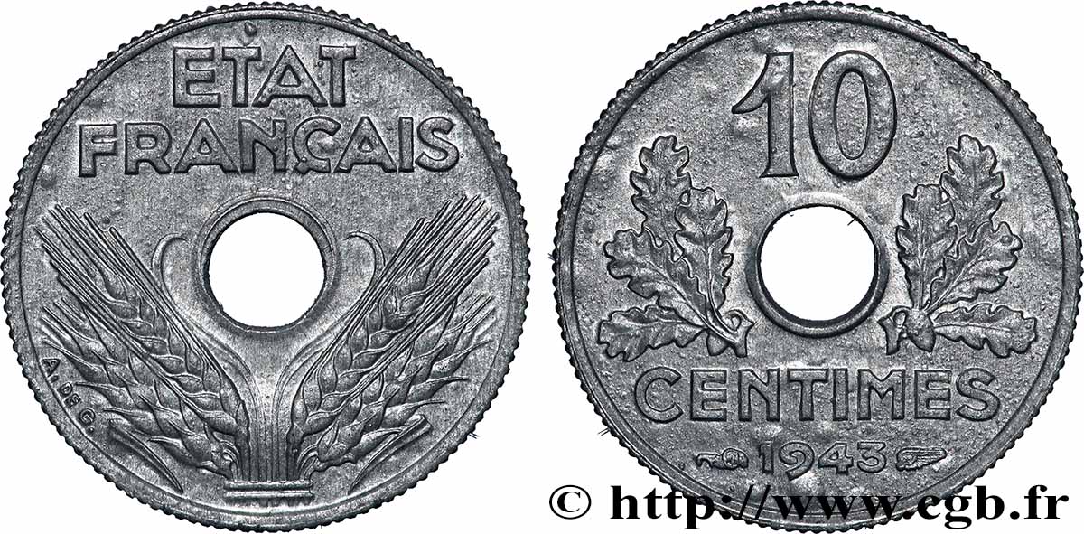 10 centimes État français, petit module 1943  F.142/2 MS64 