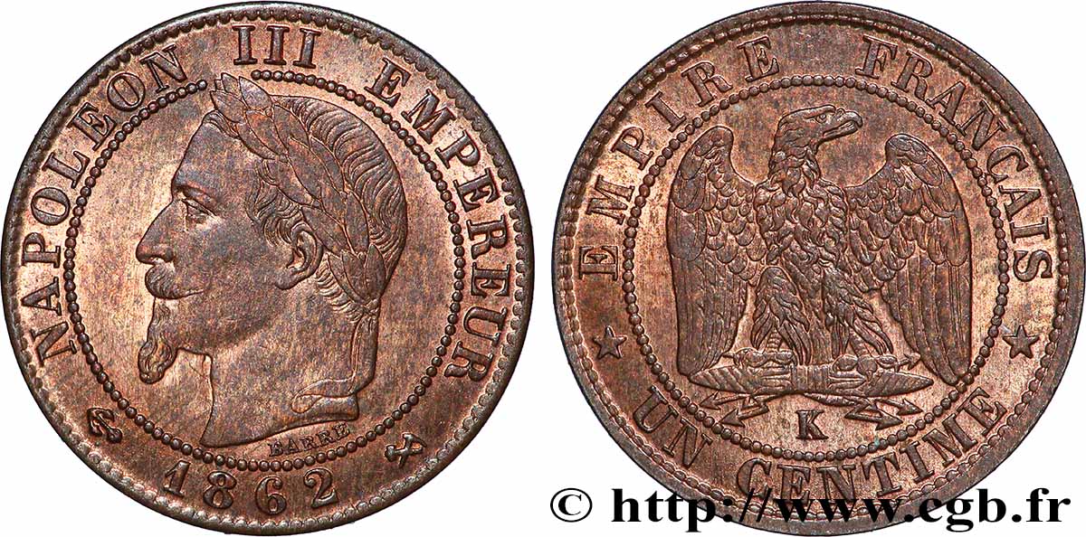 Un centime Napoléon III, tête laurée 1862 Bordeaux F.103/7 SUP62 