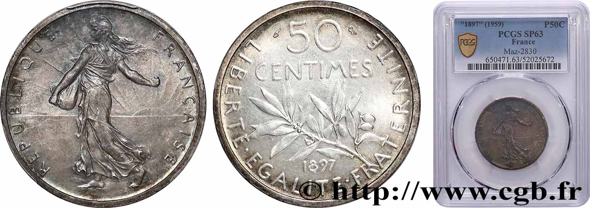 Essai au module de 5 francs et au revers de 50 centimes Semeuse 1897 Paris GEM.152 1 MS63 PCGS