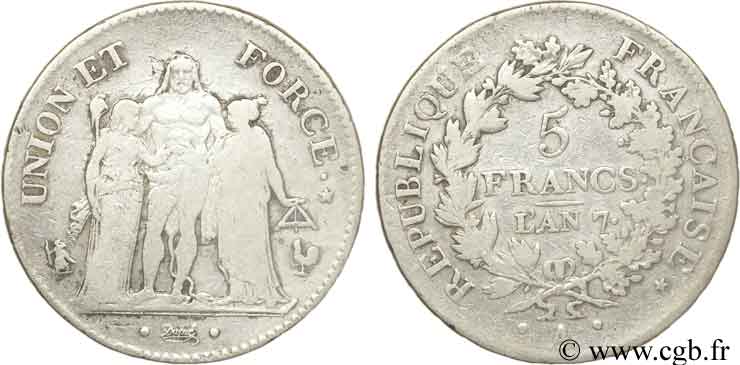 5 francs Union et Force, Union serré, avec glands intérieurs et gland extérieur 1799 Paris F.288/95 TB22 
