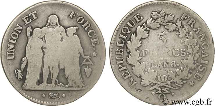 5 francs Union et Force, Union serré, avec glands intérieurs et gland extérieur 1800 Perpignan F.288/149 B10 