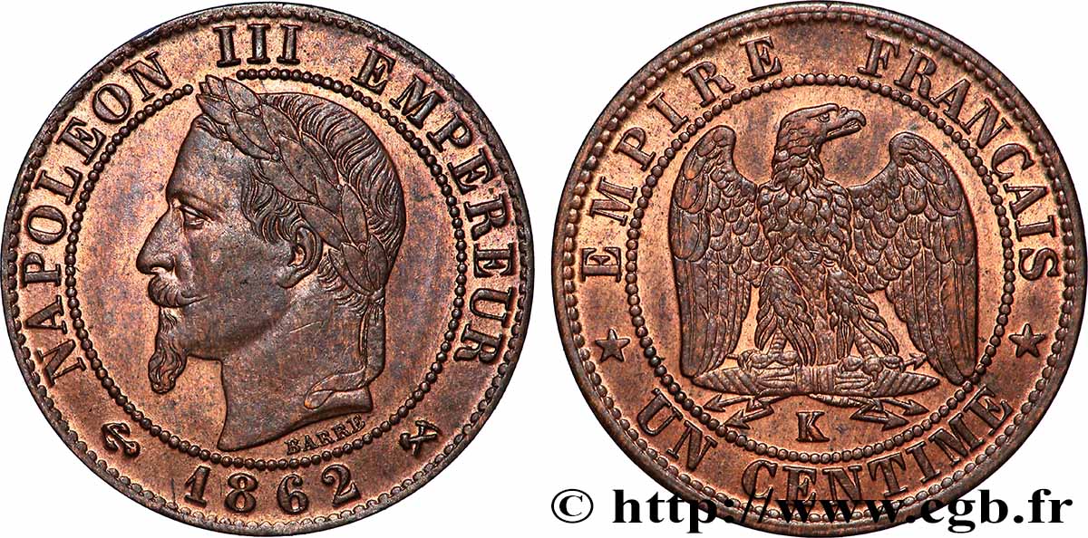 Un centime Napoléon III, tête laurée 1862 Bordeaux F.103/7 SPL62 