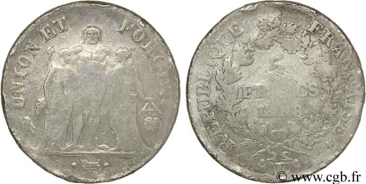 5 francs Union et Force, Union desserré, avec glands intérieurs et gland extérieur 1800 Bayonne F.291/38 B12 