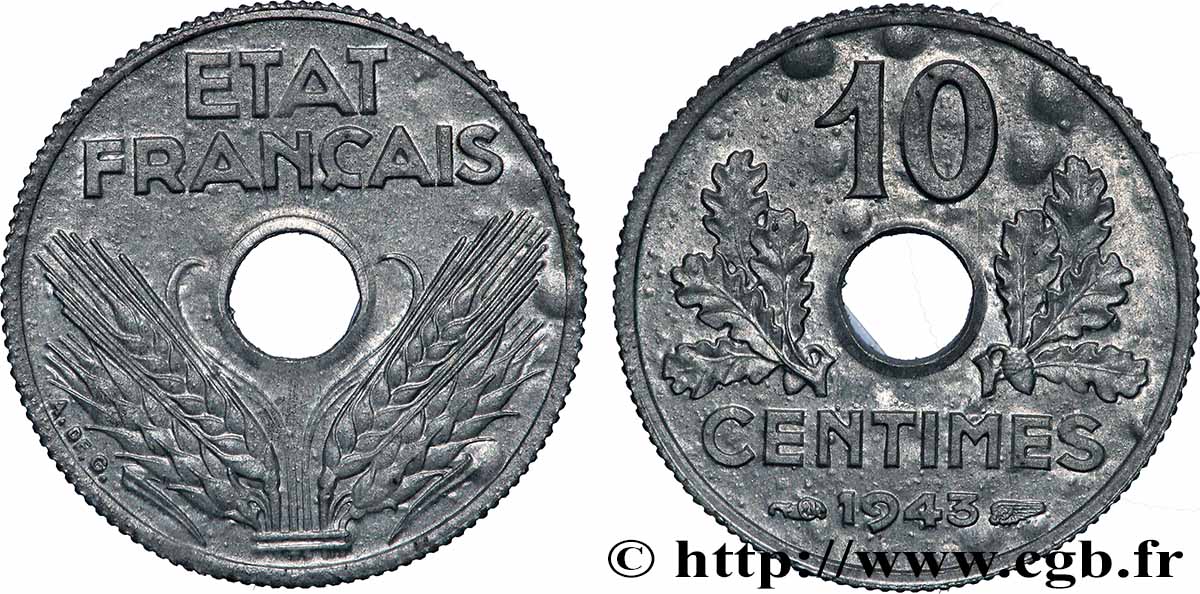 10 centimes État français, petit module 1943  F.142/2 MS63 