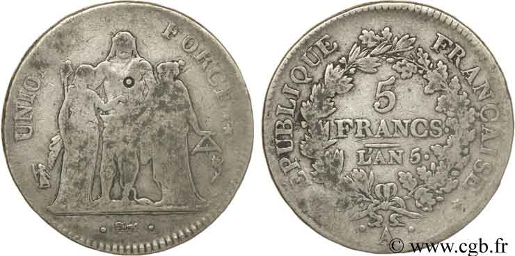 5 francs Union et Force, Union serré, seulement gland extérieur 1797 Paris F.288/5 SGE13 