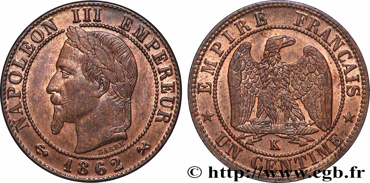Un centime Napoléon III, tête laurée 1862 Bordeaux F.103/7 VZ62 