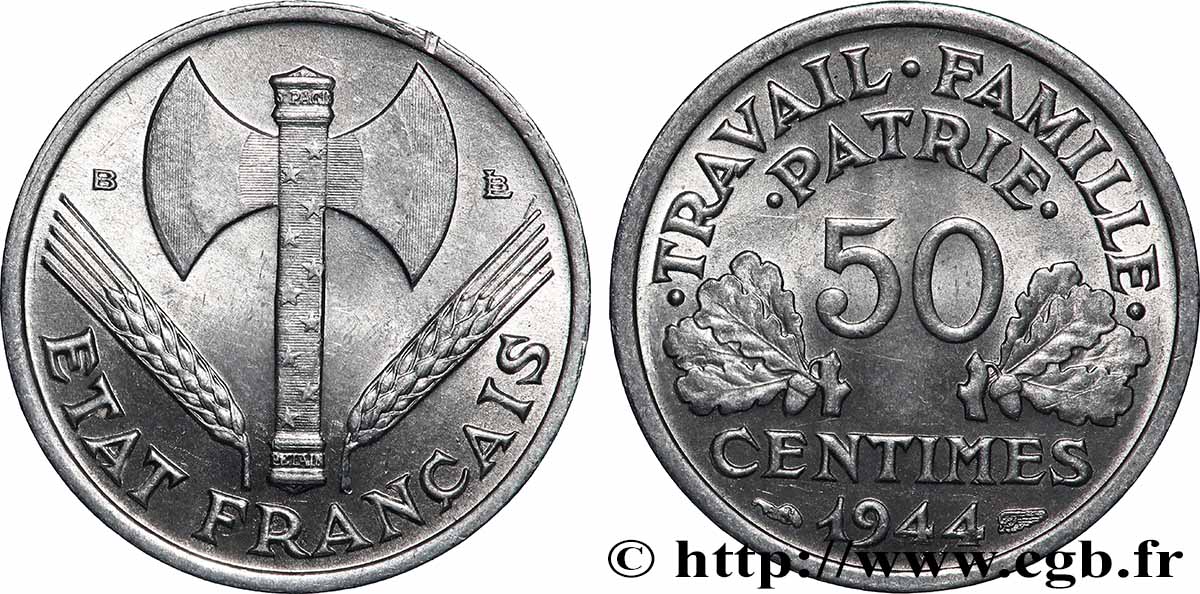 50 centimes Francisque, légère 1944 Beaumont-Le-Roger F.196/5 MS65 