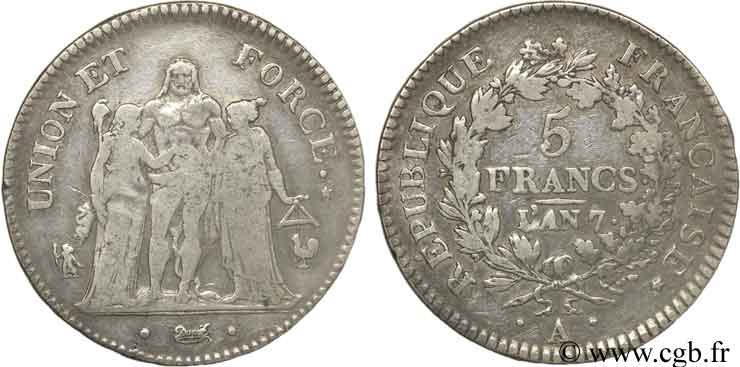 5 francs Union et Force, Union serré, seulement gland extérieur 1799 Paris F.288/98 TB22 