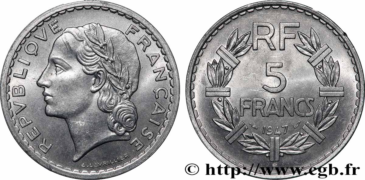 5 francs Lavrillier, aluminium 1947 Beaumont-Le-Roger F.339/12 MS61 