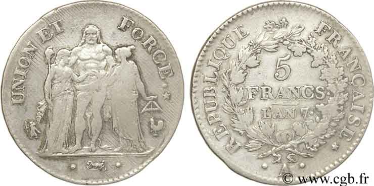 5 francs Union et Force, Union serré, seulement gland extérieur 1799 Paris F.288/98 TB28 